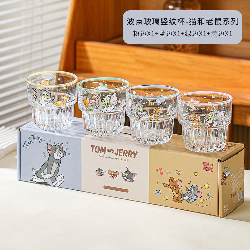Tom and Jerry Glass Set of 4 with Box | Cartoon Printed Glass Cups | Cute Kawaii Drinking Glasses | Premium Transparent Juice Water Glass Set | Gift Set for Kids & Fans