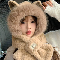 Kawaii Animal Ear Winter Hooded Scarf for Girls – Ultra Soft Plush 3-in-1 Hat, Scarf & Hood