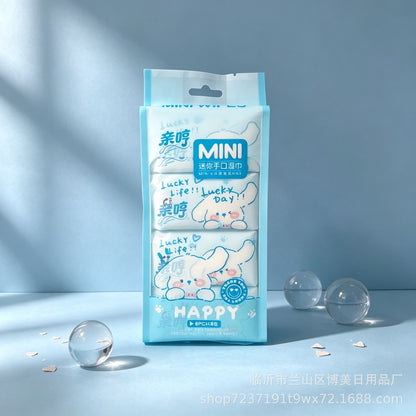 Kawaii Mini Pocket Wet Wipes Set – 8 Packs x 8 Sheets | Cute Cartoon Portable Travel Wet Tissues | Soft Disposable Pocket Wipes for Kids, School, Office & Travel