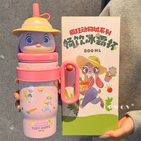 Zootopia Cute Character Sipper Water Bottle 800ml – Judy Hopps & Nick Wilde Kids Straw Bottle with Handle | BPA-Free Cartoon Water Bottle