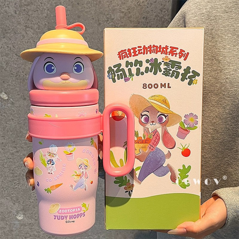 Zootopia Cute Character Sipper Water Bottle 800ml – Judy Hopps & Nick Wilde Kids Straw Bottle with Handle | BPA-Free Cartoon Water Bottle