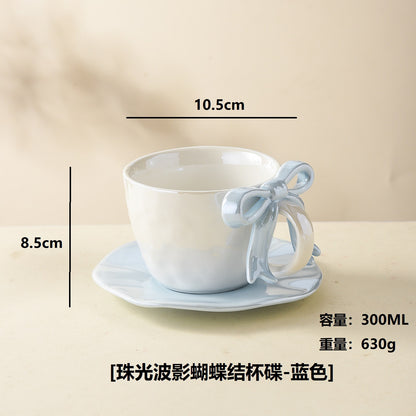 Premium Bow Handle Ceramic Coffee Mug with Saucer Set | 300ml Pearl Glaze Tea Cup | Cute Aesthetic Cappuccino Mug | Korean Style Gift Mug