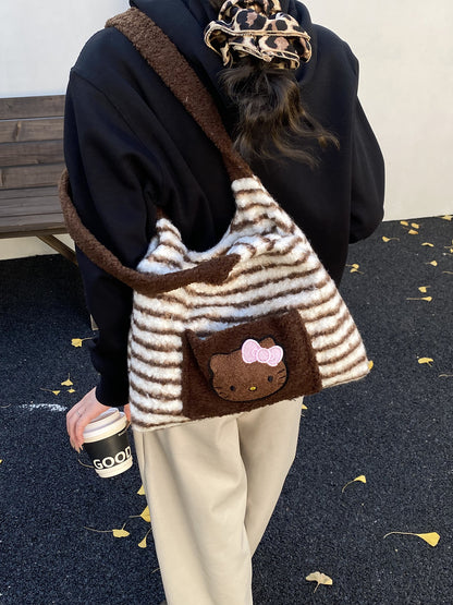 Kawaii Hello Kitty Plush Tote Bag – Soft Striped Shoulder Handbag for Girls | Cute Furry Mini Tote Purse (Pink & Brown)