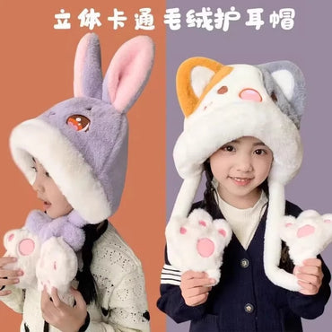 Kawaii Animal Ear Winter Hat with Moving Paws for Kids – Plush Warm Cartoon Cap | Bunny, Panda, Cat & Bear Designs