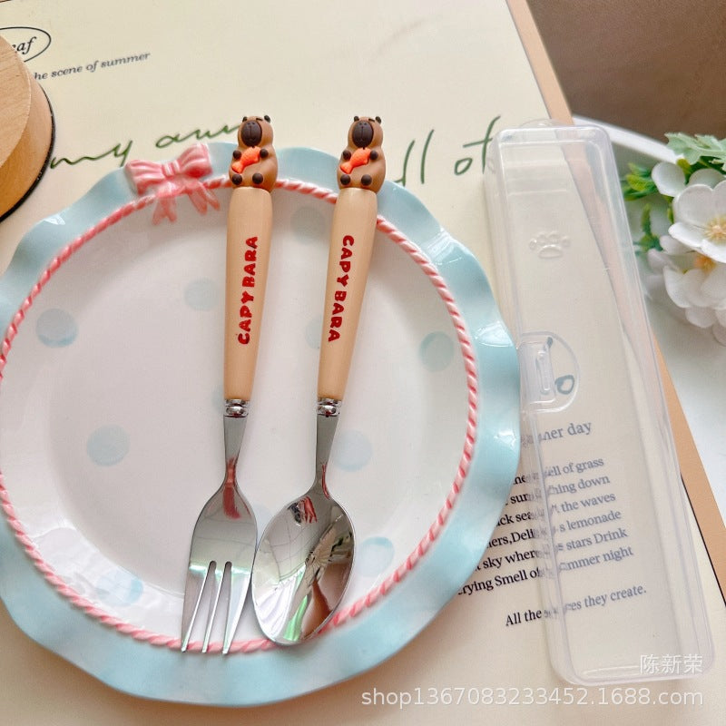 Cute Capybara Stainless Steel Fork & Spoon Set with Case – Kids Lunch Cutlery