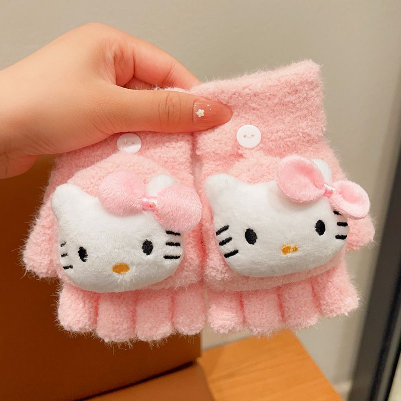 Kawaii Plush Flip-Cover Winter Gloves for Kids – Hello Kitty, Cinnamoroll, Kuromi & My Melody Designs