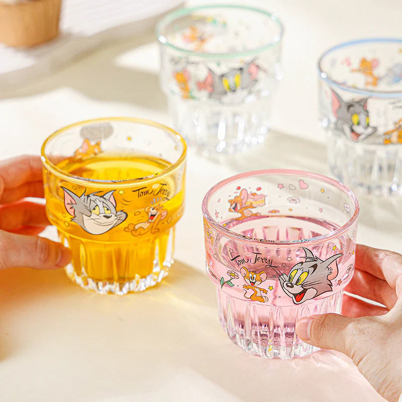Tom and Jerry Glass Set of 4 with Box | Cartoon Printed Glass Cups | Cute Kawaii Drinking Glasses | Premium Transparent Juice Water Glass Set | Gift Set for Kids & Fans