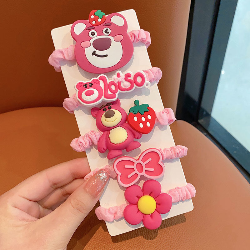 Cute Kawaii Cartoon Hair Accessories Set for Girls – Soft Elastic Hair Ties, Bow & Flower Ponytail Bands