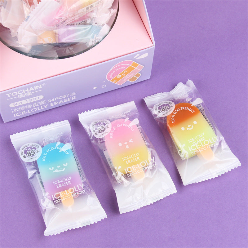 Kawaii Ice Lolly Popsicle Eraser Set (Pack of 3) – Cute Gradient Eco-Friendly Pencil Erasers for Kids & Students
