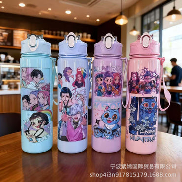 700ml K-Pop Cartoon Water Bottle with Strap | Cute Korean Idol Design Leak-Proof Flip Lid Sipper Bottle for School, Travel & Daily Use