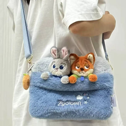 Disney Zootopia Plush Sling Bag – Judy Hopps & Nick Wilde Cute Furry Crossbody Shoulder Bag for Kids & Teens