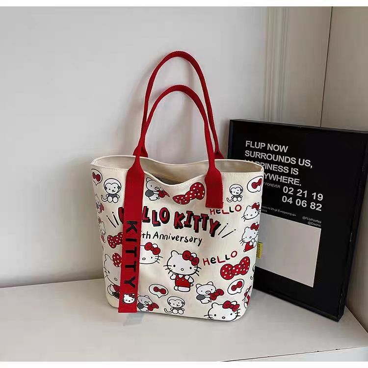 Hello Kitty Anniversary Printed Tote Bag with Red Straps | Cute Kawaii Shoulder Bag for Girls & Women