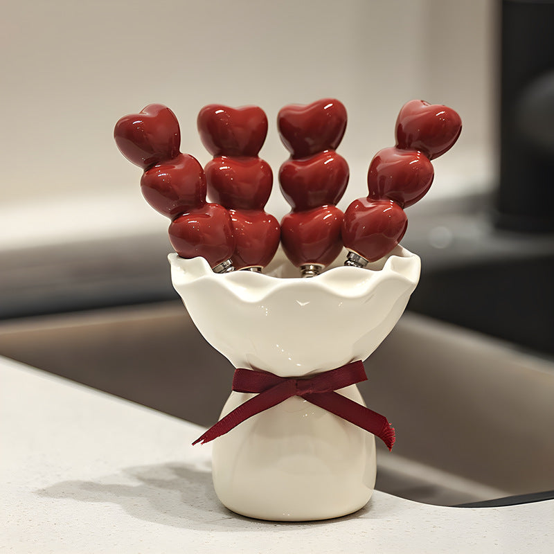 Heart Bubble Fruit Fork Set with Ceramic Bouquet Holder – Cute Dessert Forks Gift Set | Aesthetic Snack Picks for Cake, Fruits & Parties