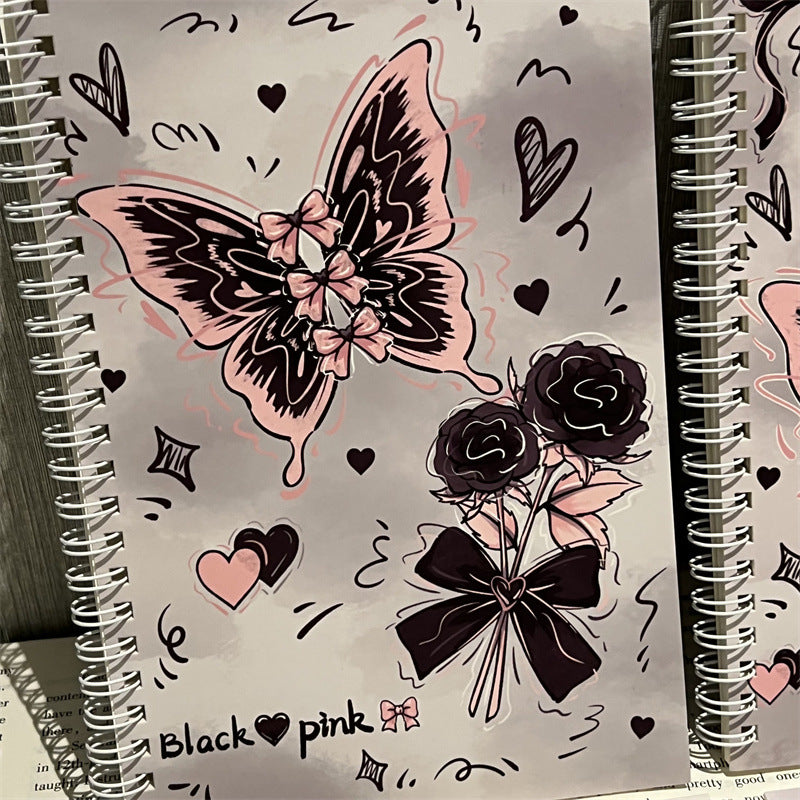 Kawaii Black Pink Butterfly Spiral Notebook – A5 Cute Rose & Heart Aesthetic Journal Diary for Girls (Single Piece)