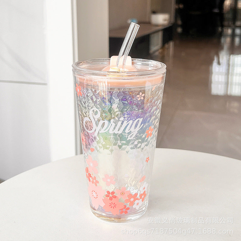 Kawaii Sakura Spring Glitter Tumbler with Straw | 3D Diamond Texture Iced Cup | Cute Cherry Blossom Water Bottle for Girls