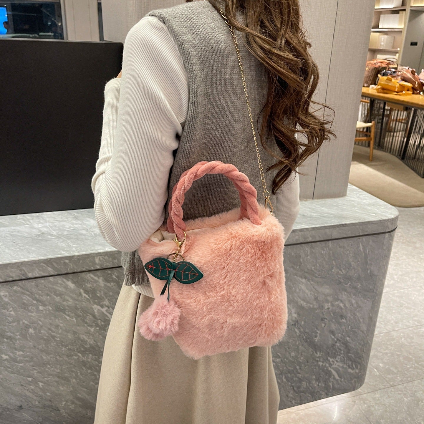 Kawaii Cherry Fluffy Fur Handbag – Cute Plush Crossbody Shoulder Bag with Pom Pom Charm for Girls & Women