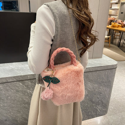 Kawaii Cherry Fluffy Fur Handbag – Cute Plush Crossbody Shoulder Bag with Pom Pom Charm for Girls & Women