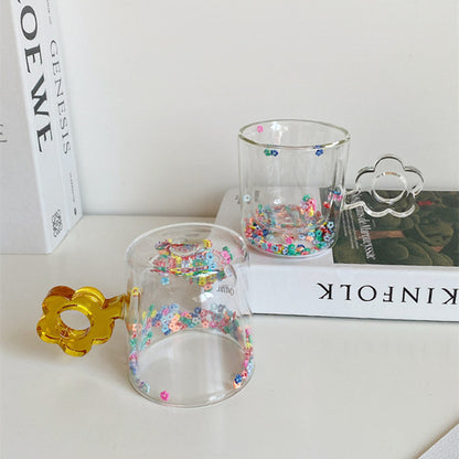 Kawaii Flower Handle Double Wall Glass Mug – Cute Confetti Design | Aesthetic Drinking Cup for Tea, Coffee & Milk