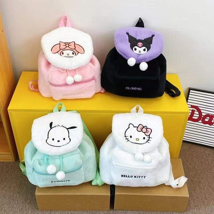 Sanrio Plush Mini Backpack – Hello Kitty, Kuromi, My Melody & Pochacco Kawaii Soft Fur School Bag for Girls