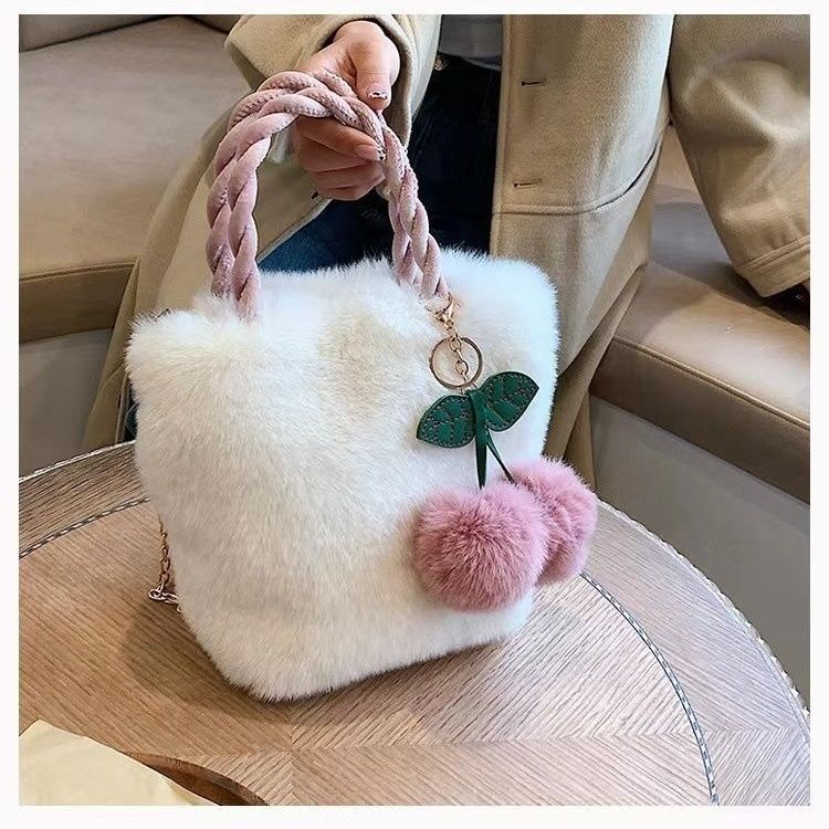 Kawaii Cherry Fluffy Fur Handbag – Cute Plush Crossbody Shoulder Bag with Pom Pom Charm for Girls & Women