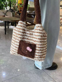 Kawaii Hello Kitty Plush Tote Bag – Soft Striped Shoulder Handbag for Girls | Cute Furry Mini Tote Purse (Pink & Brown)