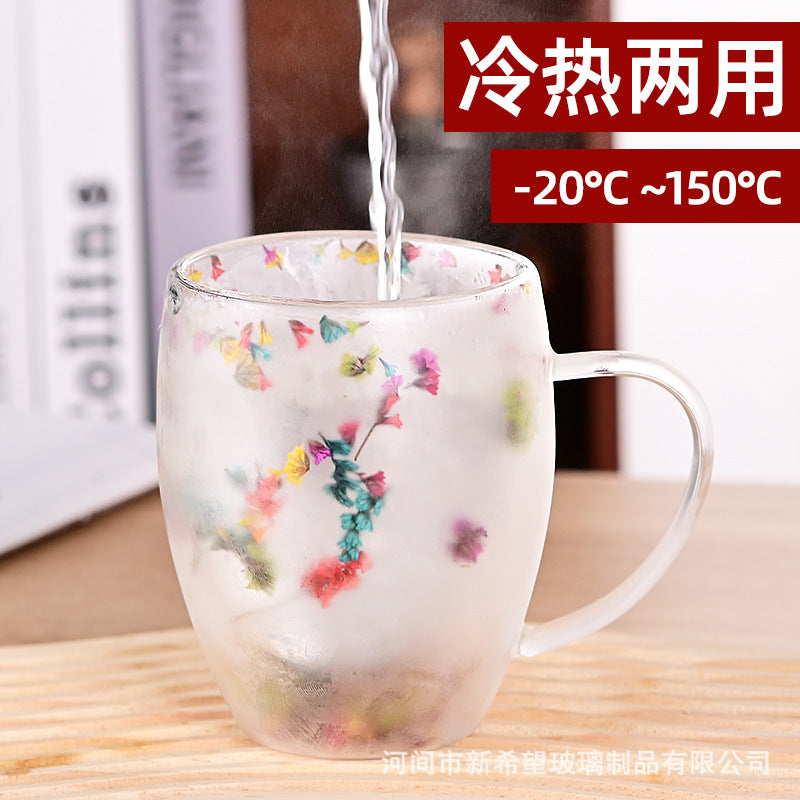 Premium Double Wall Glass Mug with Colorful Dried Flower Design | Aesthetic Transparent Tea & Coffee Cup | Heat-Resistant Borosilicate Floral Mug