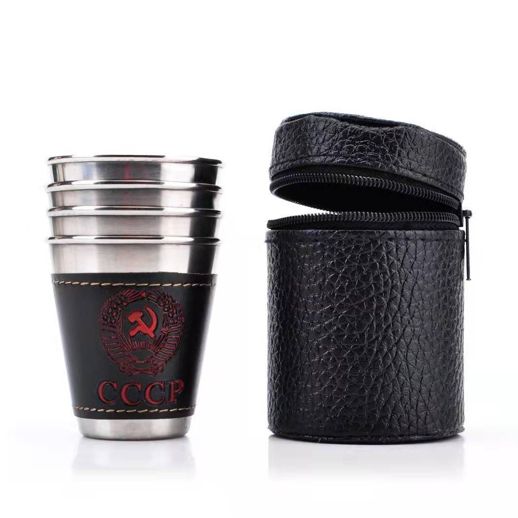 Premium 30ml Stainless Steel Shot 4 Glass Set with Leather Case | Portable Travel Shot Cups for Whiskey, Vodka & Outdoor Camping
