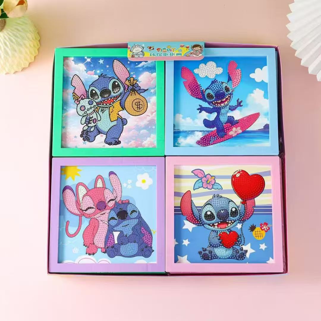 Stitch Diamond Painting Kit – Set of 4 Cute Cartoon Crystal Art Frames | DIY 5D Diamond Art for Kids & Adults | Kawaii Home Décor Gift Set