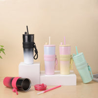 Gradient Frosted Straw Tumbler with Handle Strap – 710 ml Large Capacity Insulated Cup | Leak-Proof Travel Mug for Hot & Cold Drinks