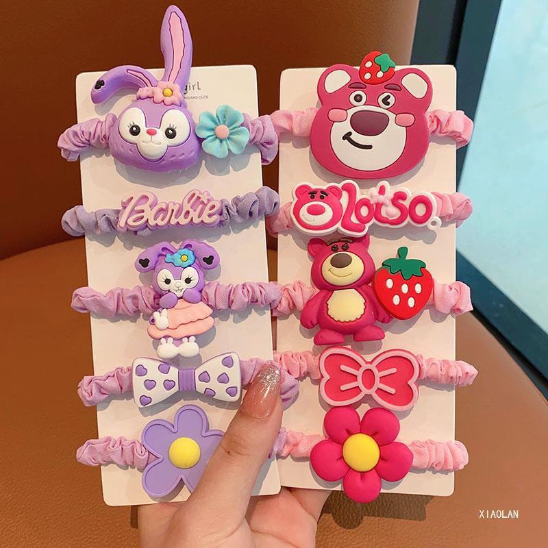 Cute Kawaii Cartoon Hair Accessories Set for Girls – Soft Elastic Hair Ties, Bow & Flower Ponytail Bands