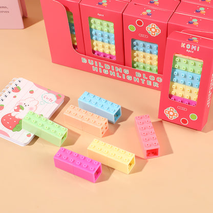 Kawaii Building Block Mini Highlighter Pen Set of 6 | Brick Stackable Highlighter Markers | Cute Pastel Color Marker Pens for School, Office, Journaling & Study Supplies