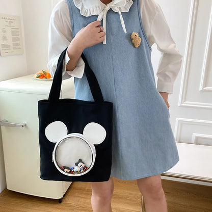 Disney Mickey Mouse Transparent Pocket Tote Bag – Kawaii Canvas Shoulder Bag for Women & Girls | Cute Korean Style Large Capacity Handbag