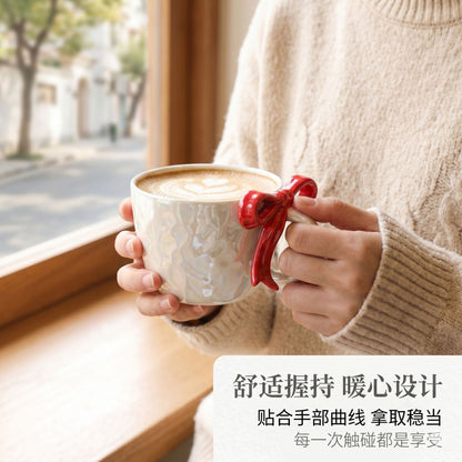Premium Bow Handle Ceramic Coffee Mug with Saucer Set | 300ml Pearl Glaze Tea Cup | Cute Aesthetic Cappuccino Mug | Korean Style Gift Mug