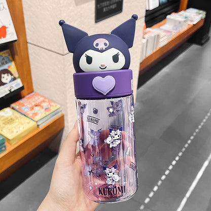 Kuromi Cute Glass Water Bottle with 3D Lid – Kawaii Sanrio Cartoon Transparent Bottle for Girls, Kids & Gifts (Leakproof, Aesthetic Drinkware)