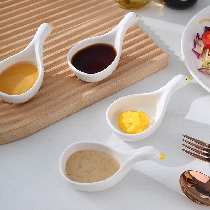 Cute Swan Shaped Sauce Bowl Set (set of 4) | Ceramic Condiment Dish for Dips, Salad Dressing, Soy Sauce, Ketchup & Snacks | Kawaii Kitchen Tableware