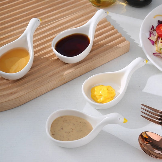 Cute Swan Shaped Sauce Bowl Set (set of 4) | Ceramic Condiment Dish for Dips, Salad Dressing, Soy Sauce, Ketchup & Snacks | Kawaii Kitchen Tableware