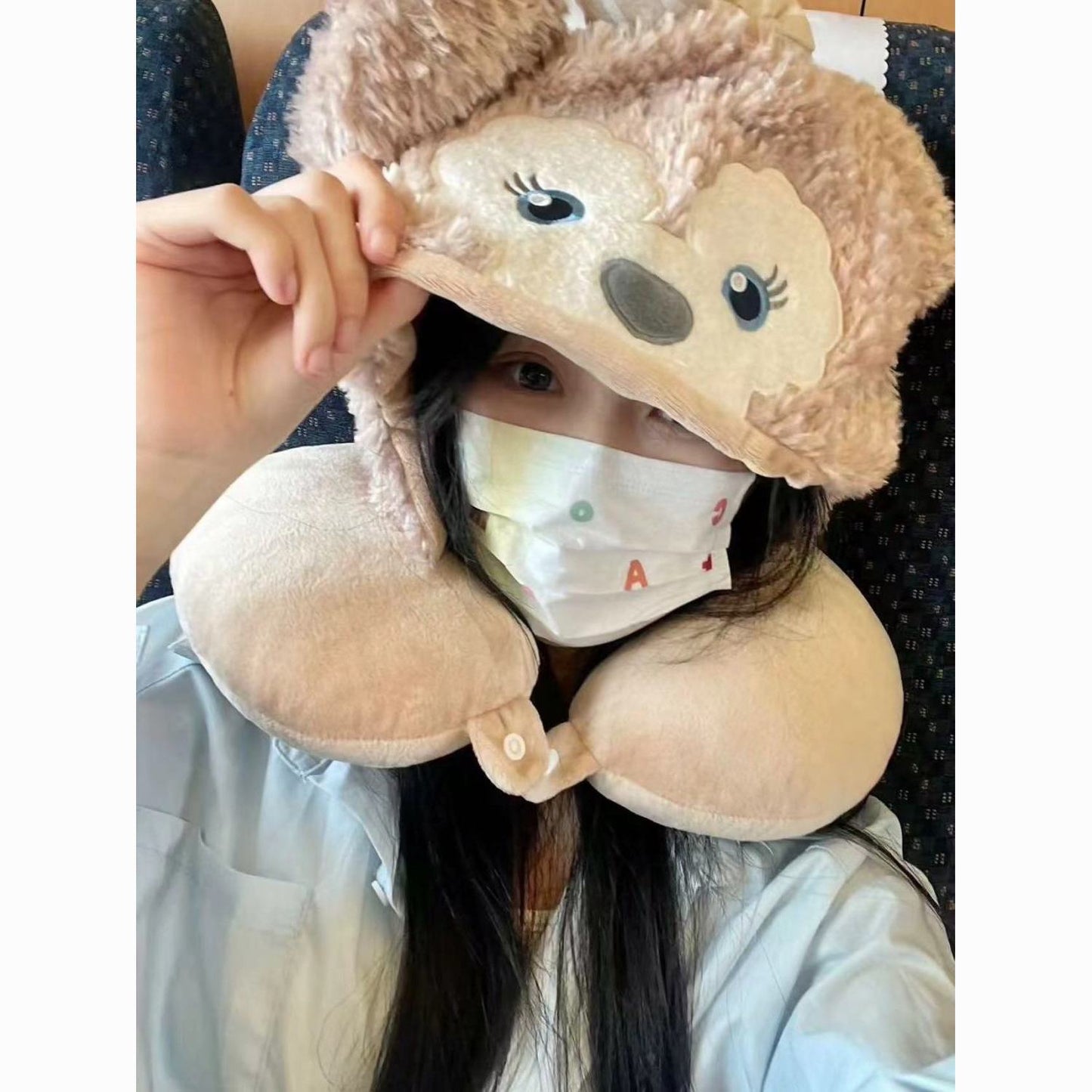 Kawaii Bear Plush Travel Neck Pillow Hat – Cute Cartoon Winter Cap with U-Shaped Neck Cushion | Soft Teddy Ear Cosplay Hoodie Cap for Girls