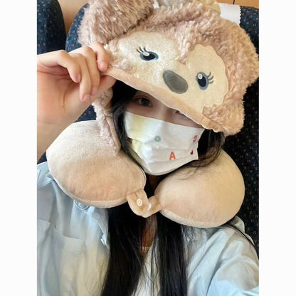 Kawaii Bear Plush Travel Neck Pillow Hat – Cute Cartoon Winter Cap with U-Shaped Neck Cushion | Soft Teddy Ear Cosplay Hoodie Cap for Girls