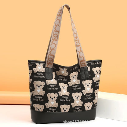 Cute Teddy Bear Tote Bag for Women | Happy Little Bear Cartoon Shoulder Bag | Aesthetic Kawaii Handbag for Girls