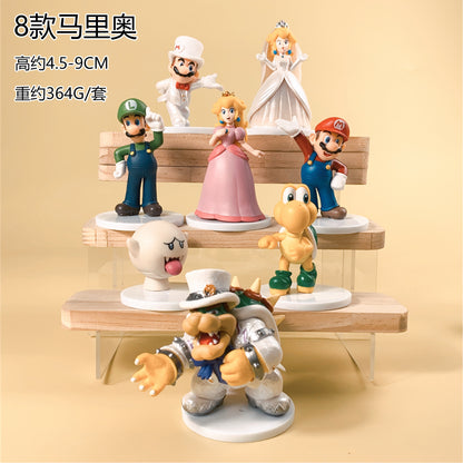 Super Mario Wedding Theme Figurine Set (8 PCS) with White Display Tray | Mario, Luigi, Princess Peach, Bowser & Friends PVC Mini Action Figures | Cute Cake Topper & Collectible Toy Set