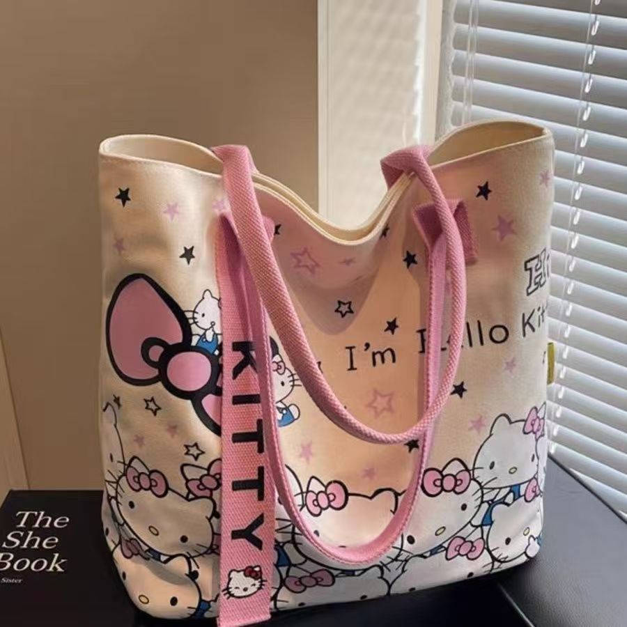 Hello Kitty Canvas Tote Bag – Large Kawaii Shoulder Bag for Girls, Women & Students | Cute Sanrio Handbag for Daily Use, Shopping & Travel