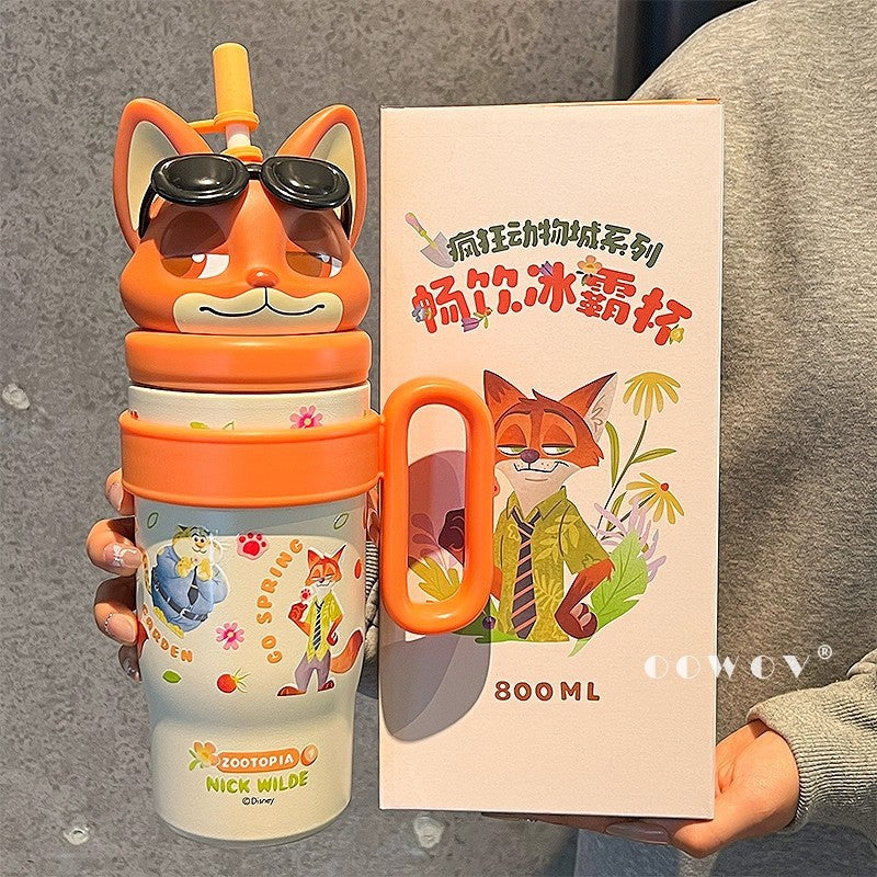 Zootopia Cute Character Sipper Water Bottle 800ml – Judy Hopps & Nick Wilde Kids Straw Bottle with Handle | BPA-Free Cartoon Water Bottle