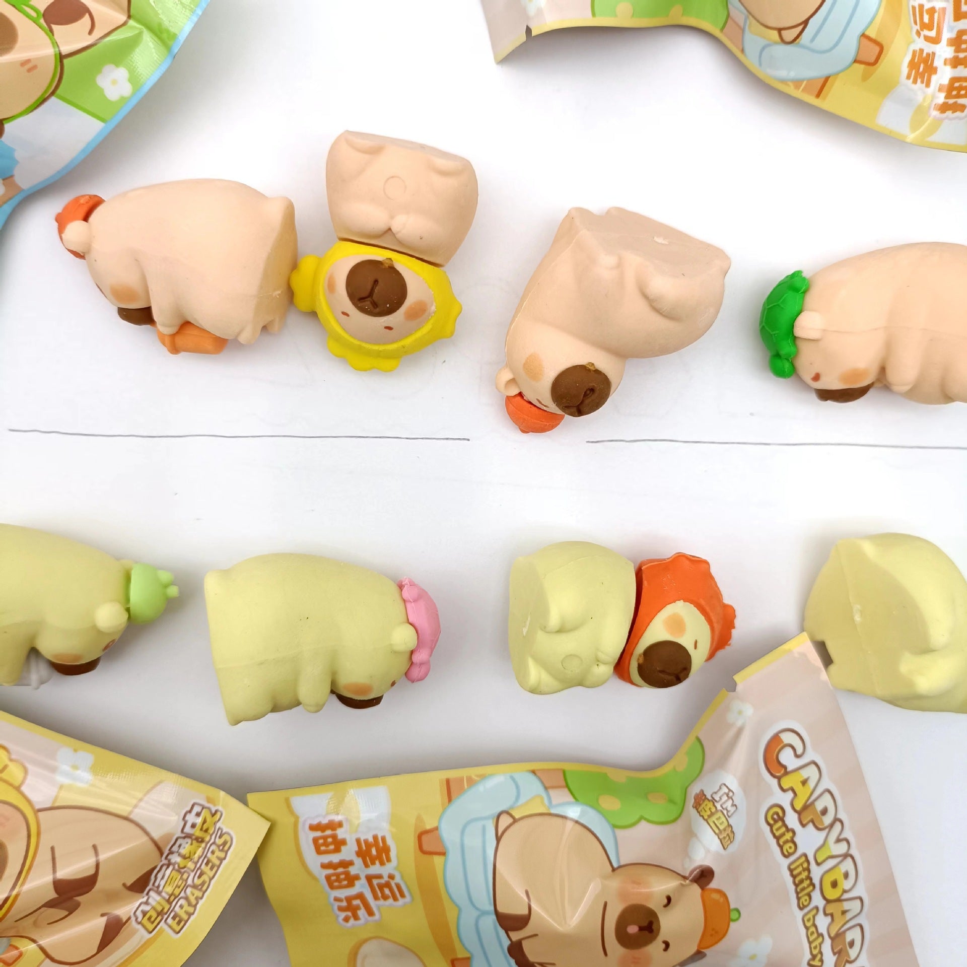 Capybara Cute Little Baby Blind Pouch Erasers – Pack of 6 | Kawaii Cartoon Mini Erasers for Kids & Students