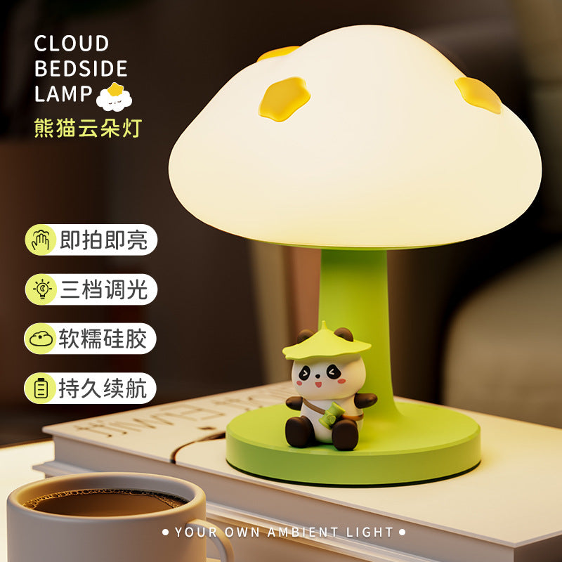 Kawaii Mushroom Table Lamp with Cute Panda Figurine – LED Night Light for Bedroom & Study