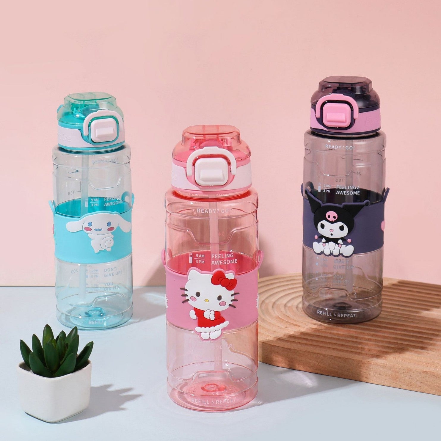 Kawaii Character Water Bottle With Belt Strap – 1 Litre Leakproof Tritan Straw Bottle (Hello Kitty / Cinnamoroll / Lotso / Kuromi)