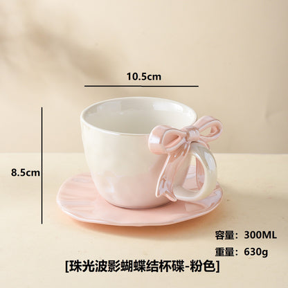 Premium Bow Handle Ceramic Coffee Mug with Saucer Set | 300ml Pearl Glaze Tea Cup | Cute Aesthetic Cappuccino Mug | Korean Style Gift Mug