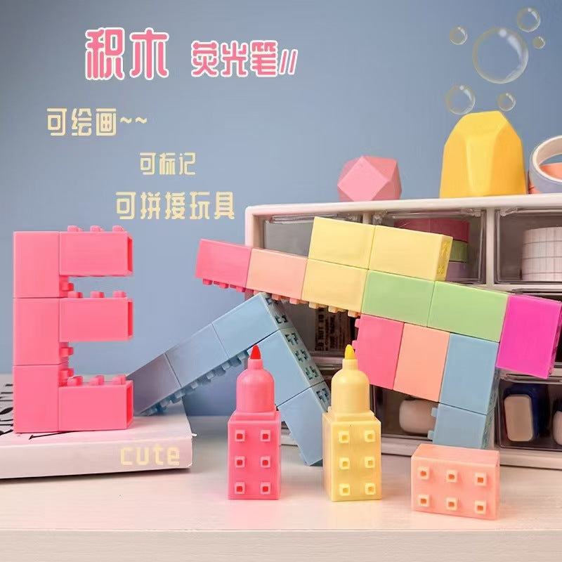 Kawaii Building Block Mini Highlighter Pen Set of 6 | Brick Stackable Highlighter Markers | Cute Pastel Color Marker Pens for School, Office, Journaling & Study Supplies