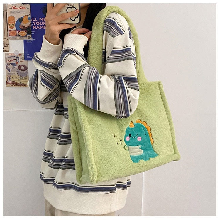 Kawaii Plush Tote Bag – Cute Cartoon Embroidery Shoulder Bag for Girls & Women