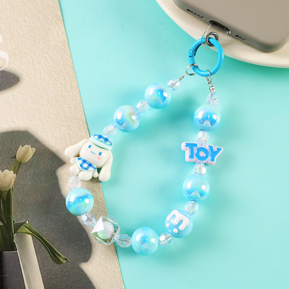 Kawaii Sanrio Beaded Phone Charm Bracelet with Hanging Card – Cute Mobile Strap Keychain for Girls (Cinnamoroll, Kuromi, My Melody, Hello Kitty, Pompompurin)