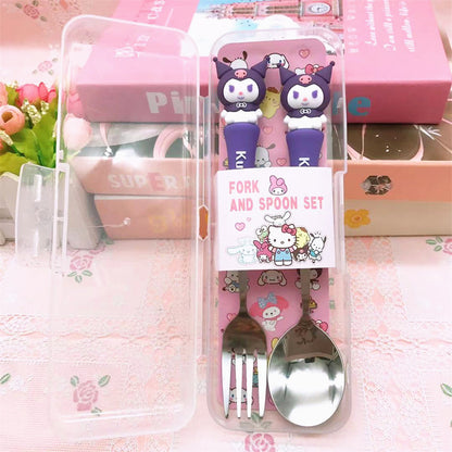 Sanrio Fork & Spoon Set with Case – Cute Hello Kitty, Kuromi, My Melody, Cinnamoroll & Stitch Stainless Steel Kids Cutlery Set | Portable Lunch Box Utensils